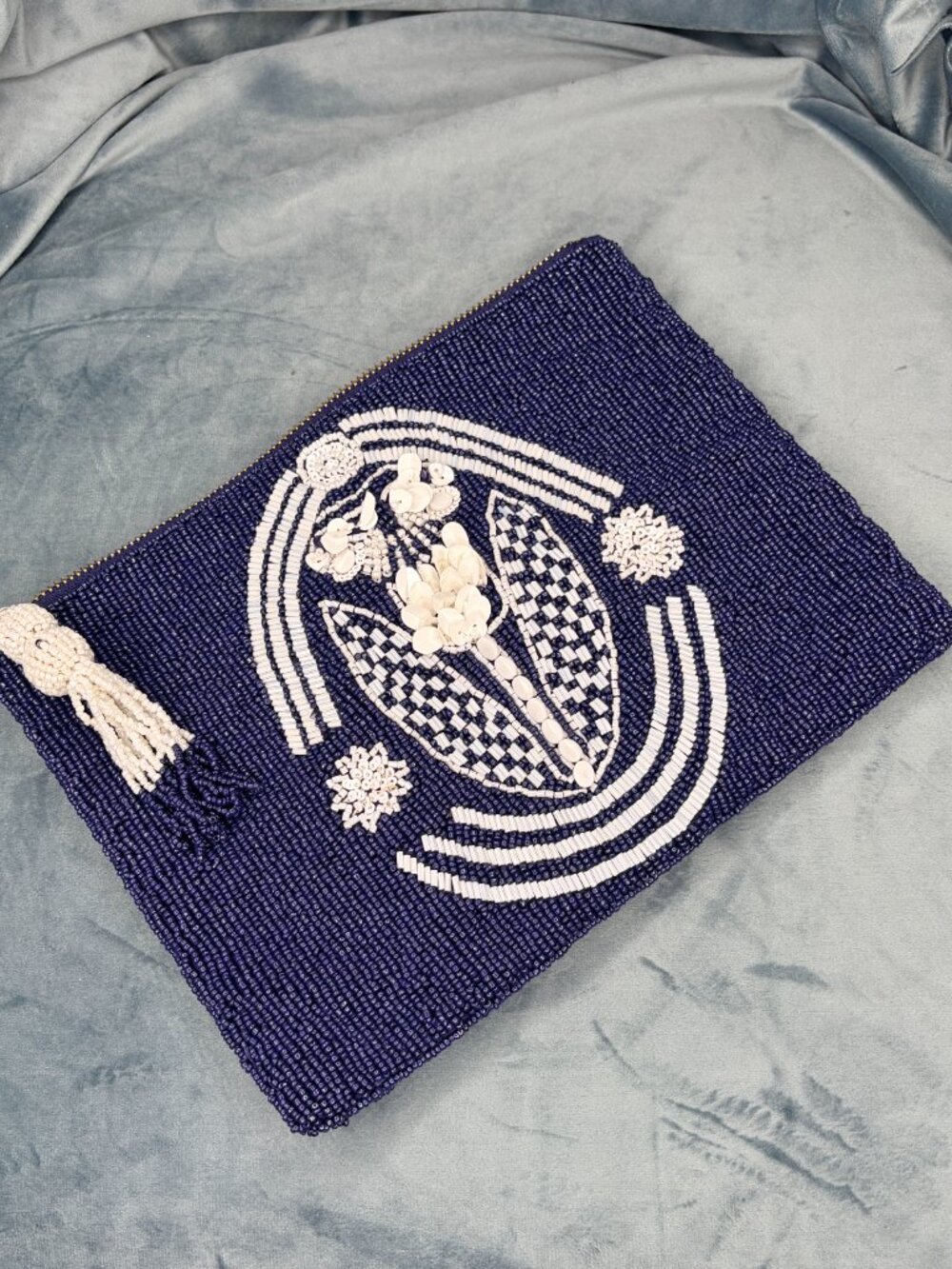 Anthropologie Navy Beaded Sequin Bird Floral Zip Clutch Pouch - Picture 2 of 6
